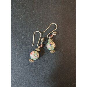 Vintage Cloisonné Bead Dangle Earrings With Silver Hooks